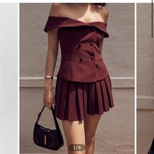 Cold Shoulder Blazer Top With Pleated Skirt Set